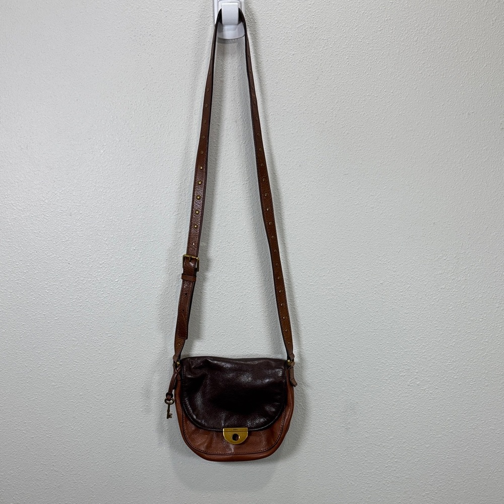 fossil Emi Saddle Brown Leather Crossbody Bag two tone‎